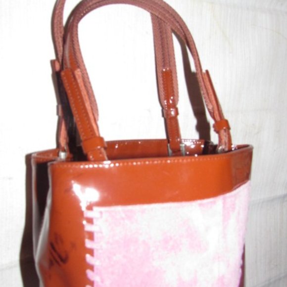 Prada Vintage Red Patent Leather And Pink Suede Designer Satchel Purse - Picture 5 of 11